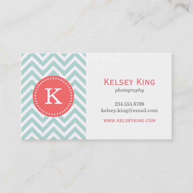 Mint and Coral Chevron Custom Monogram Business Card (Front)