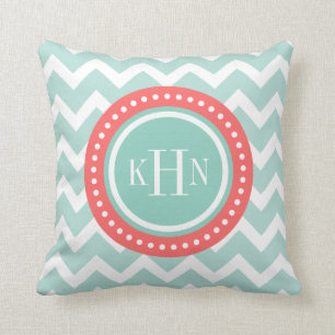 Mint and Coral Chevron Monogram Cushion