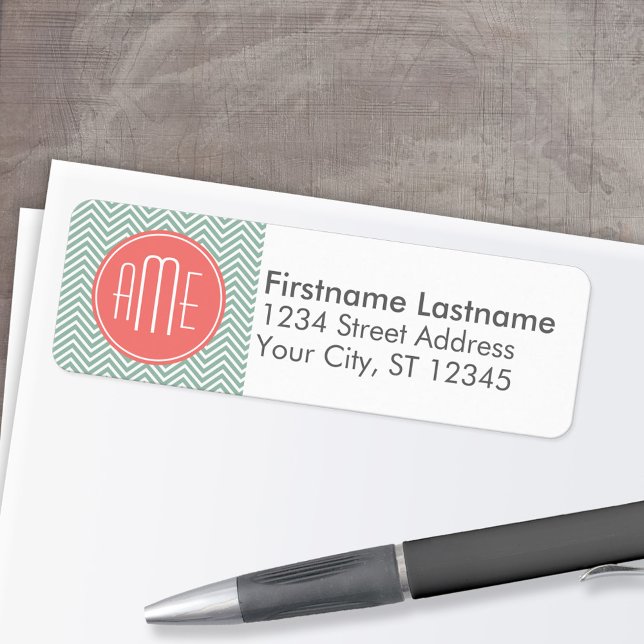 Mint and Coral Chevrons Custom Monogram (Custom Return Address Labels - Low Minimum)