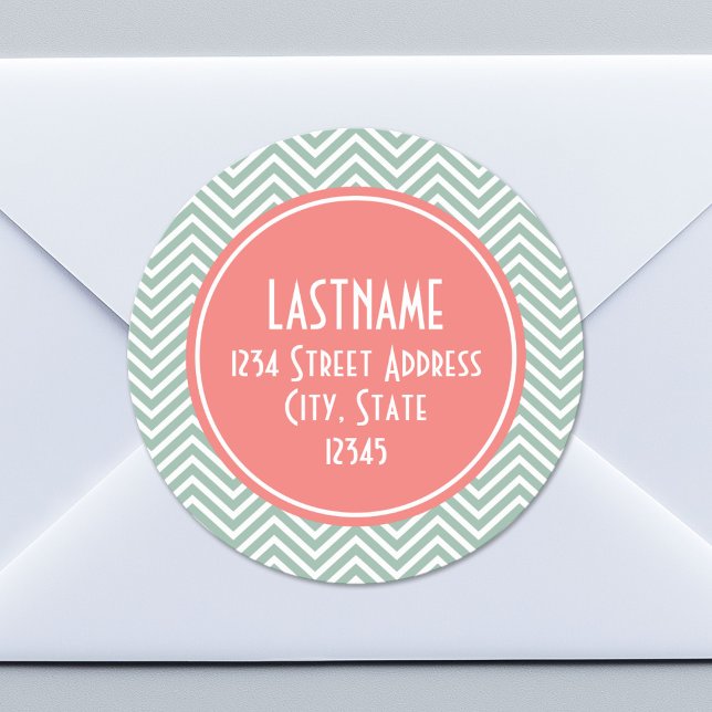 Mint and Coral Chevrons Custom Monogram Classic Round Sticker (Custom Return Address Sticker)