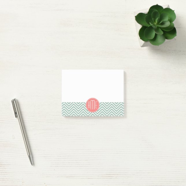 Mint and Coral Chevrons Custom Monogram Post-it Notes (Office)