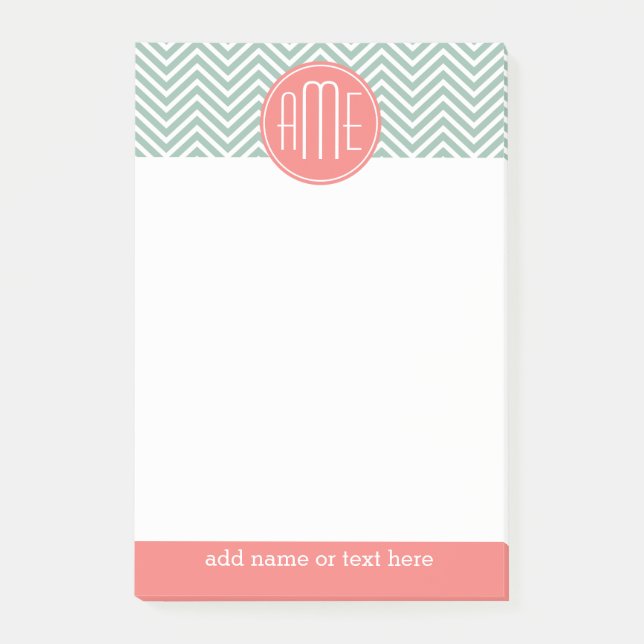 Mint and Coral Chevrons Custom Monogram Post-it Notes (Front)