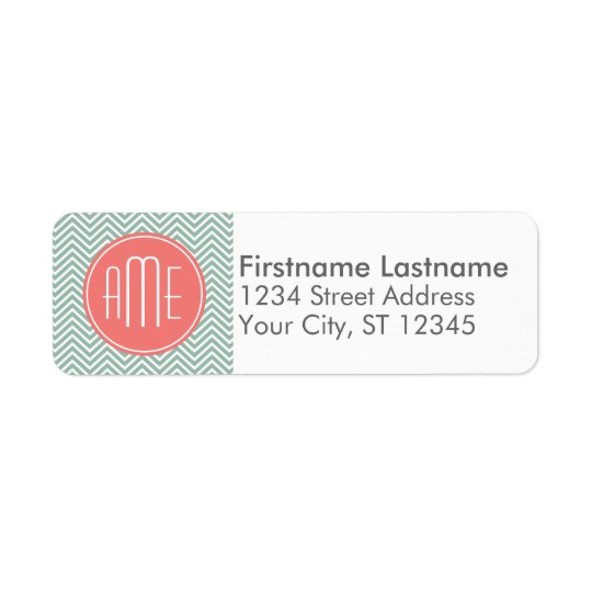 Mint and Coral Chevrons Custom Monogram Return Address Label