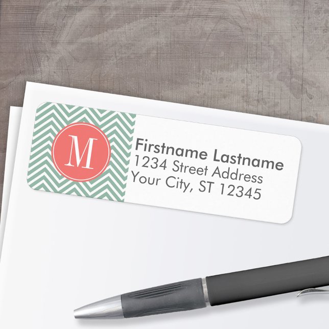 Mint and Coral Chevrons with Custom Monogram (Custom Return Address Labels - Low Minimum)