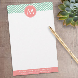 Mint and Coral Chevrons with Custom Monogram Stationery