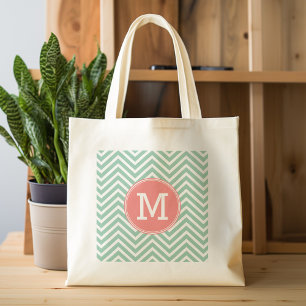Mint and Coral Chevrons with Custom Monogram Tote Bag