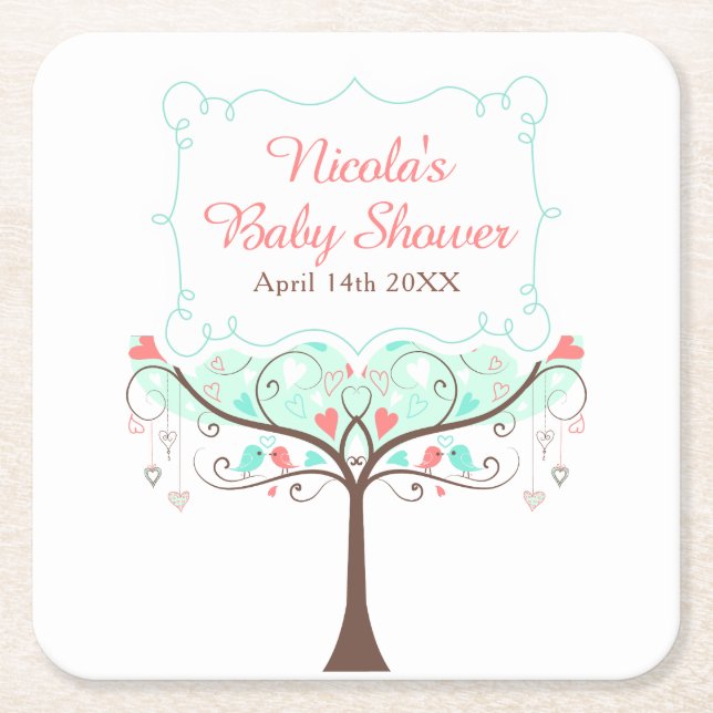 Mint and Coral Floral Bird Baby Shower  Square Paper Coaster (Front)