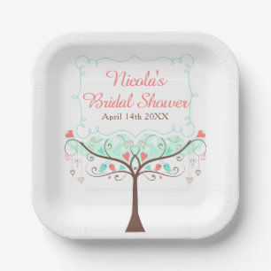 Mint and Coral Floral Bird Bridal Shower Paper Plate