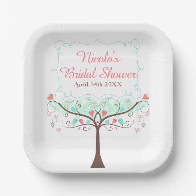 Mint and Coral Floral Bird Bridal Shower  Paper Plate (Front)