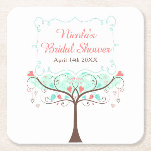 Mint and Coral Floral Bird Bridal Shower  Square Paper Coaster
