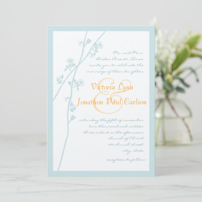 Mint and  Coral Flower Wedding Invitation (Standing Front)