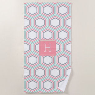 Mint and Coral Geometric Pattern and Monogram Beach Towel
