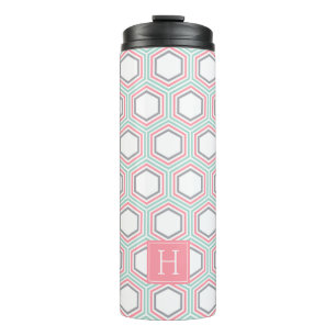 Mint and Coral Geometric Pattern and Monogram Thermal Tumbler