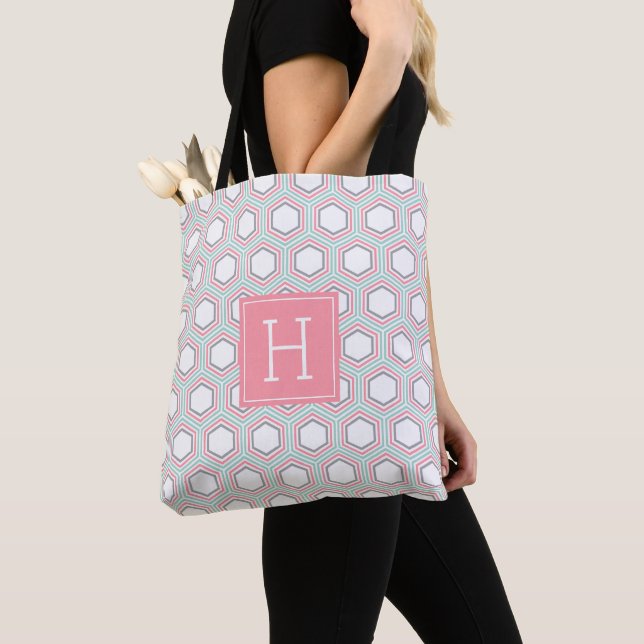 Mint and Coral Geometric Pattern and Monogram Tote Bag (Close Up)