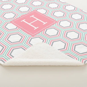 Mint and Coral Geometric Pattern Monogrammed Sherpa Blanket