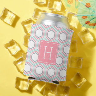 Mint and Coral Honeycomb Pattern Monogram Can Cooler