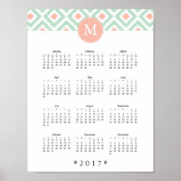 Mint and Coral Ikat Pattern 2017 Calendar