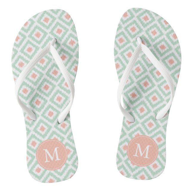 Mint and Coral Ikat Pattern Flip Flops (Footbed)