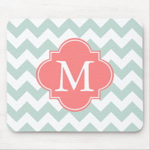 Mint and Coral Modern Chevron Custom Monogram Mouse Mat