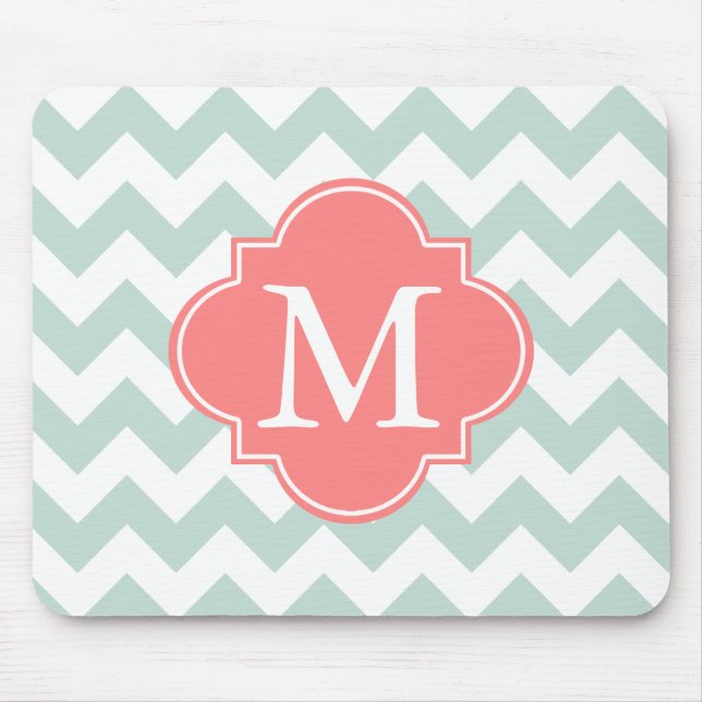 Mint and Coral Modern Chevron Custom Monogram Mouse Mat (Front)