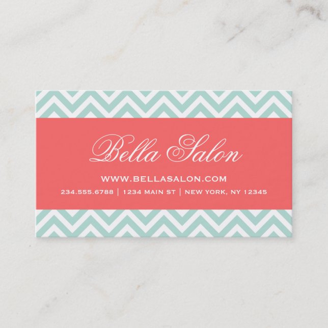 Mint and Coral Modern Chevron Stripes Business Card (Front)
