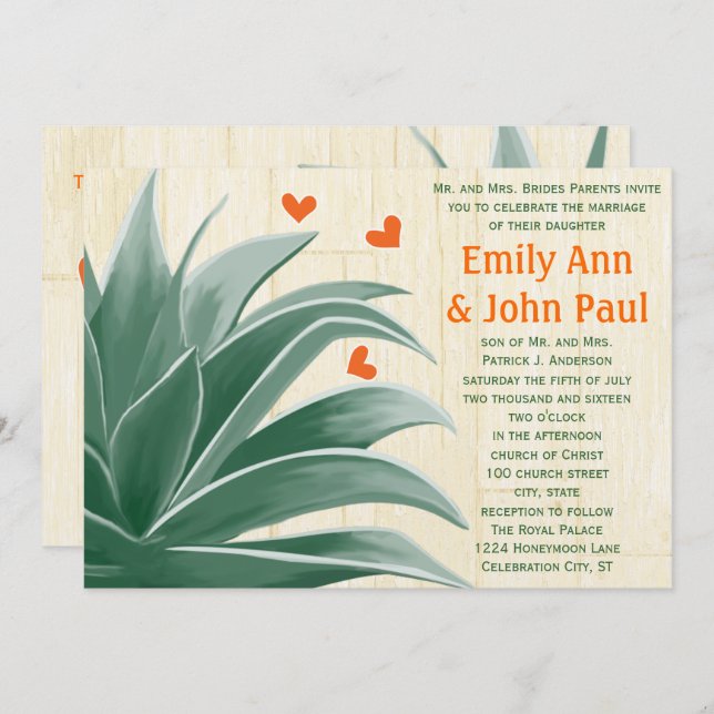 Mint and Coral  Modern Succulent Wedding Invite (Front/Back)