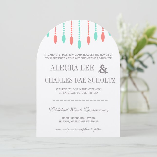 Mint and Coral Modern Tear Drop Beaded Invitation (Standing Front)