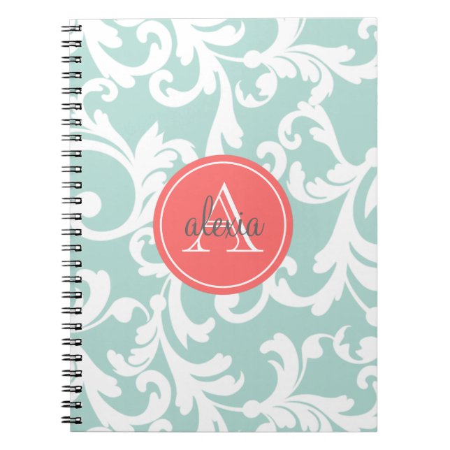 Mint and Coral Monogrammed Damask Print Notebook (Front)