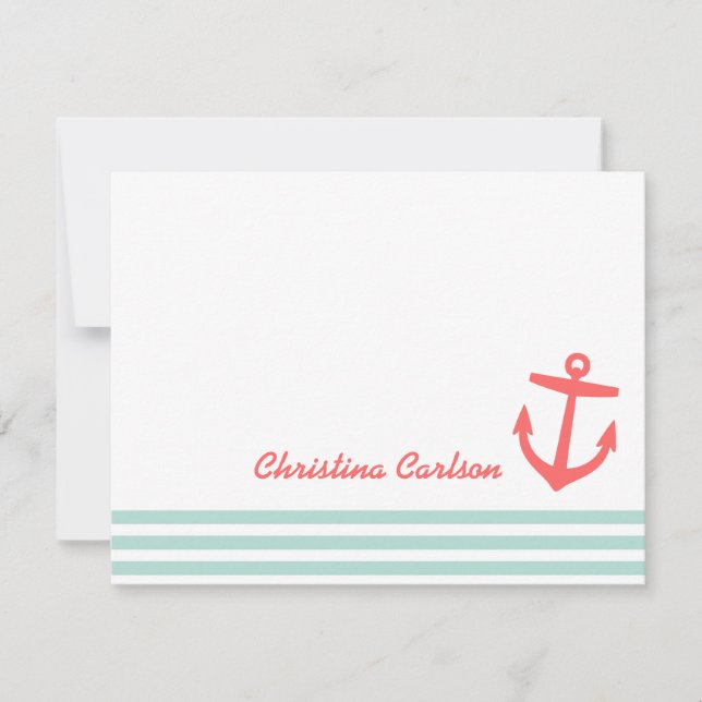 Mint and Coral Nautical Stripes Anchor Stationery Card (Front)