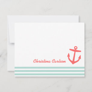 Mint and Coral Nautical Stripes Anchor Stationery Card
