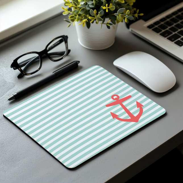 Mint and Coral Nautical Stripes and Cute Anchor Mouse Mat (Creator Uploaded)