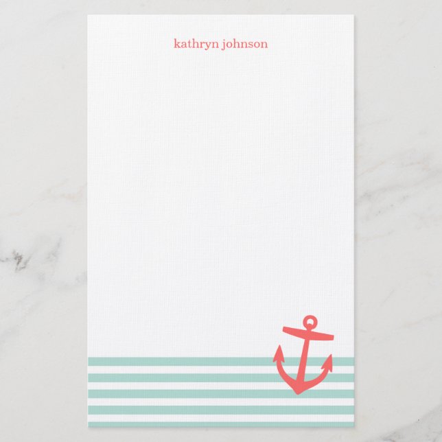 Mint and Coral Nautical Stripes Cute Anchor Stationery (Front)