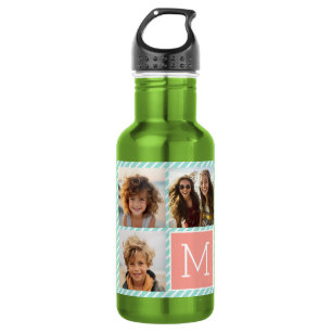Mint and Coral Photo Collage with Custom Monogram 532 Ml Water Bottle