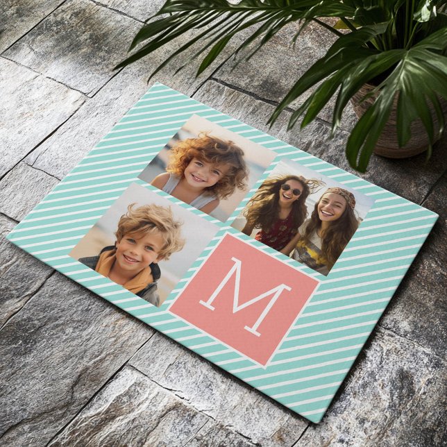 Mint and Coral Photo Collage with Custom Monogram Doormat (Custom Welcome Mat)