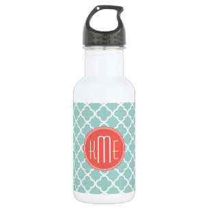 Mint and Coral Quatrefoil with Custom Monogram 532 Ml Water Bottle