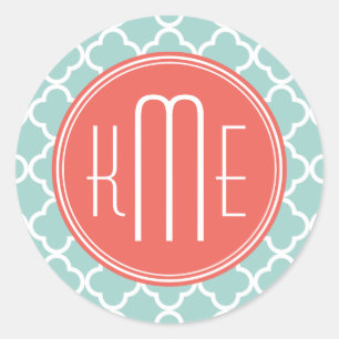 Mint and Coral Quatrefoil with Custom Monogram Classic Round Sticker