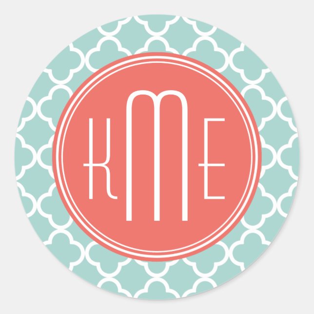 Mint and Coral Quatrefoil with Custom Monogram Classic Round Sticker (Front)