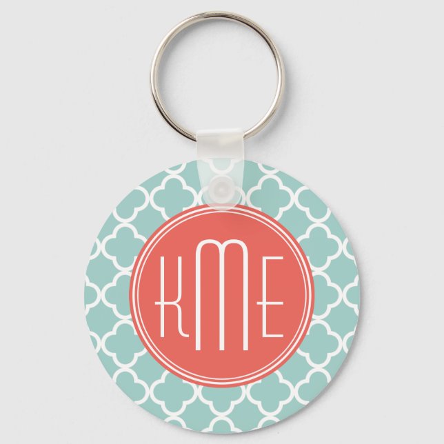 Mint and Coral Quatrefoil with Custom Monogram Key Ring (Front)