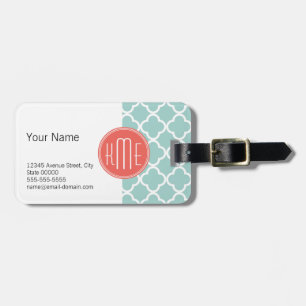 Mint and Coral Quatrefoil with Custom Monogram Luggage Tag