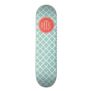 Mint and Coral Quatrefoil with Custom Monogram Skateboard