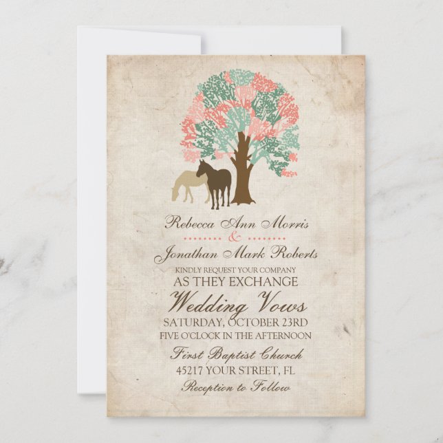 Mint and Coral Spring Horses Wedding Invitation (Front)