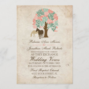 Mint and Coral Spring Horses Wedding Invitation