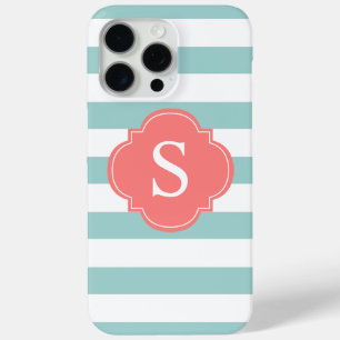 Mint and Coral Stripes Monogram iPhone 15 Pro Max Case