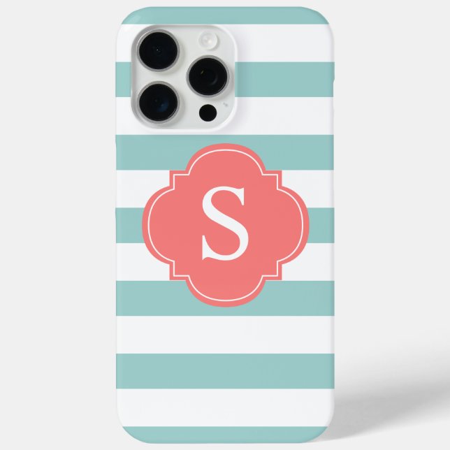 Mint and Coral Stripes Monogram Case-Mate iPhone Case (Back)