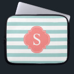 Mint and Coral Stripes Monogram Laptop Sleeve<br><div class="desc">Modern and chic horizontal stripes and quatrefoil monogram design.</div>