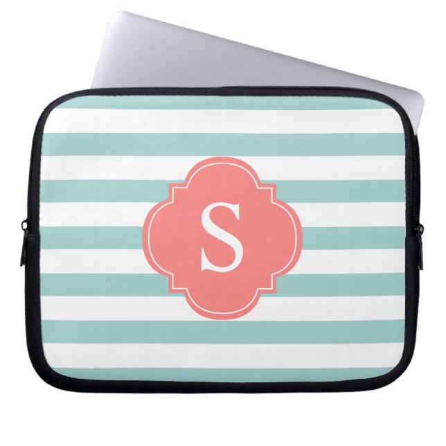 Mint and Coral Stripes Monogram Laptop Sleeve (Front)