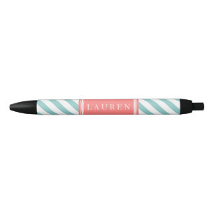 Mint and Coral Stripes Pattern Black Ink Pen