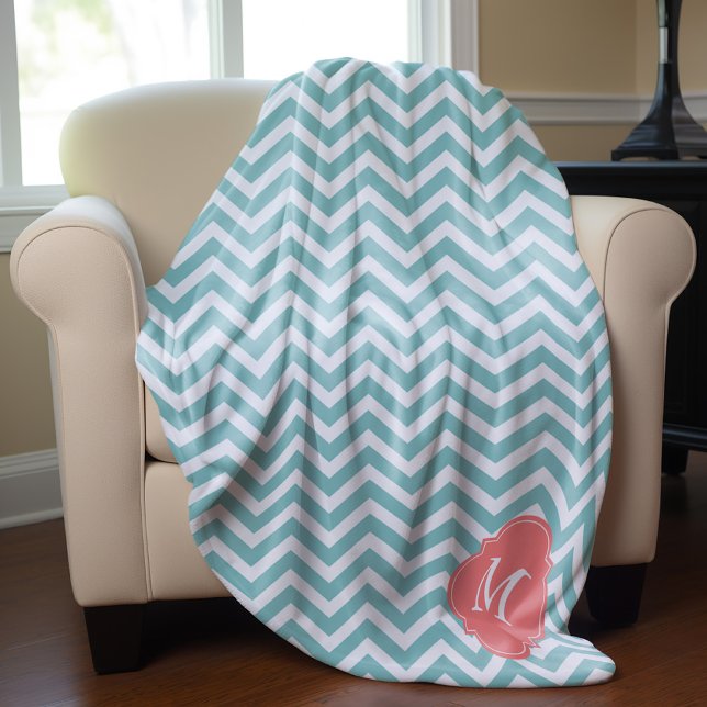 Mint and Coral Zigzag Pattern Monogram Fleece Blanket (Creator Uploaded)
