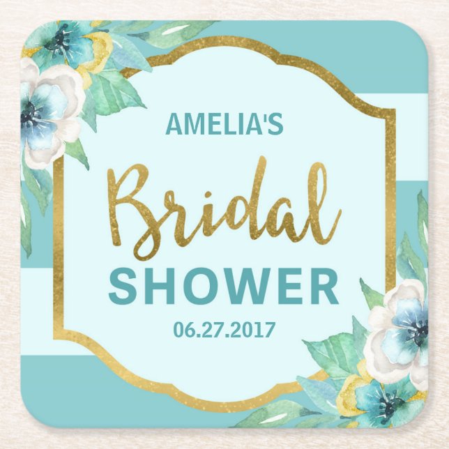 Mint and Faux Gold Floral Bridal Shower Square Paper Coaster (Front)