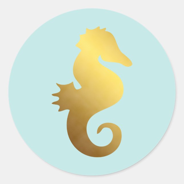 Mint and Faux Gold Foil Seahorse Classic Round Sticker (Front)